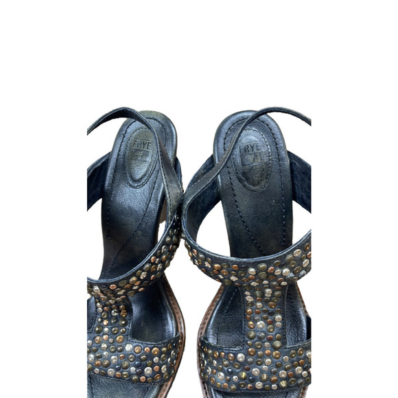 Frye "Joy" Black‎ Slingback Studded Leather T-Strap Stacked Heel Pumps Size 10B - Picture 3 of 10